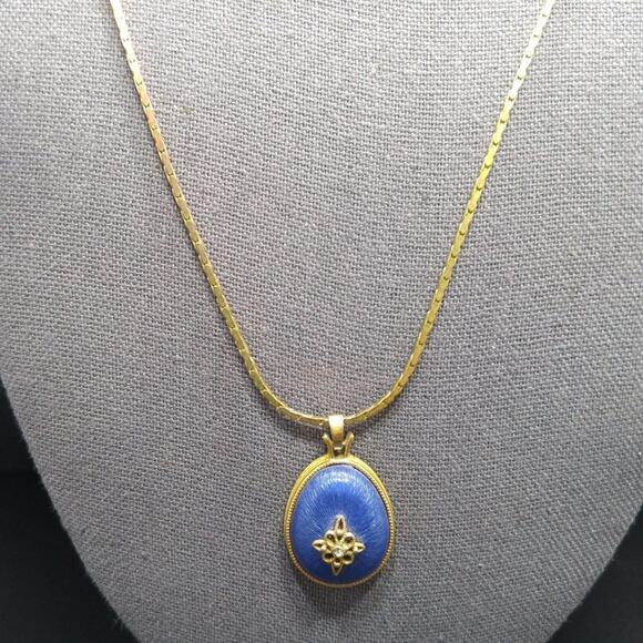 Avon North Star Blue Egg Necklace, Vintage Pendant Gold-tone Chain Jewelry, 23" - Picture 2 of 8